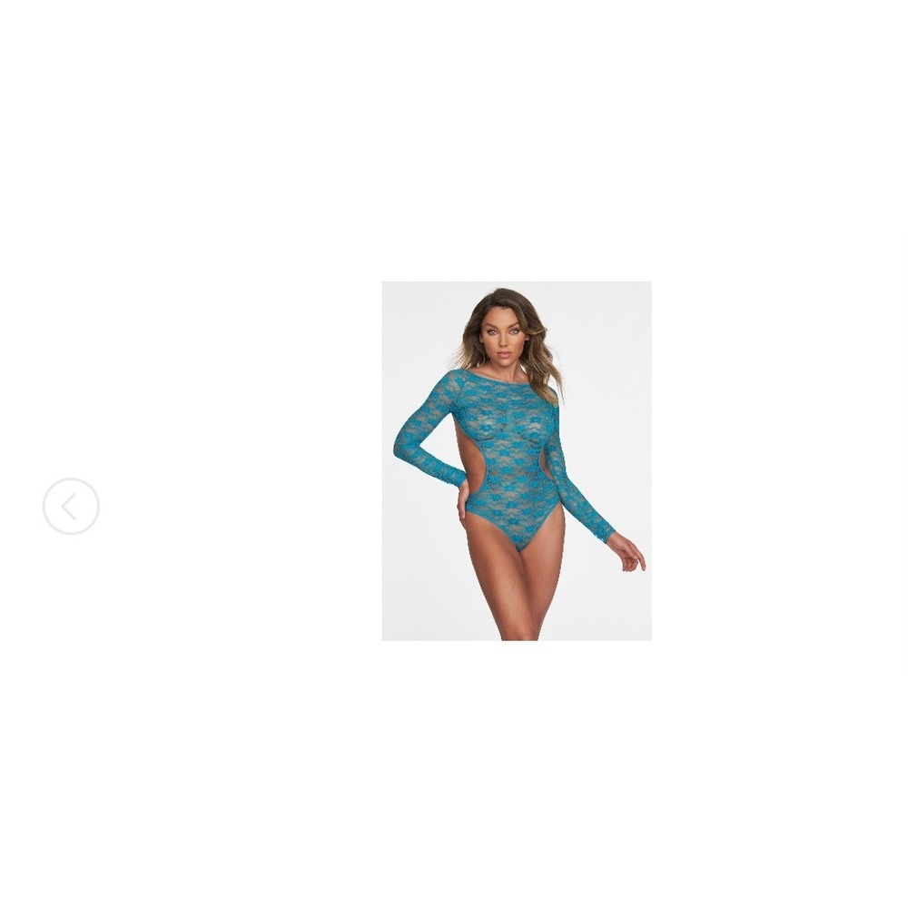 Frederick's of Hollywood Lace Bodysuit Cutout Long Sleeve Teal Blue 1X‎
